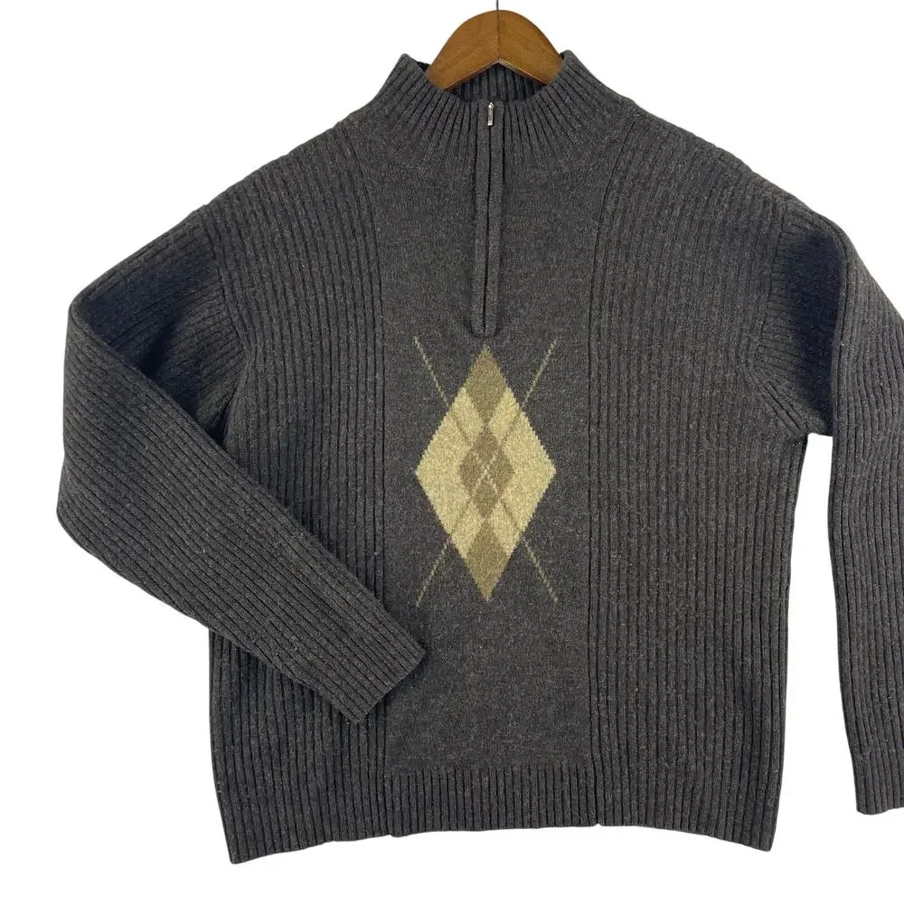 Basic Elements Mens 1/4 Zip Mock Neck Lambswool Argyle Sweater SZ M Charcoal